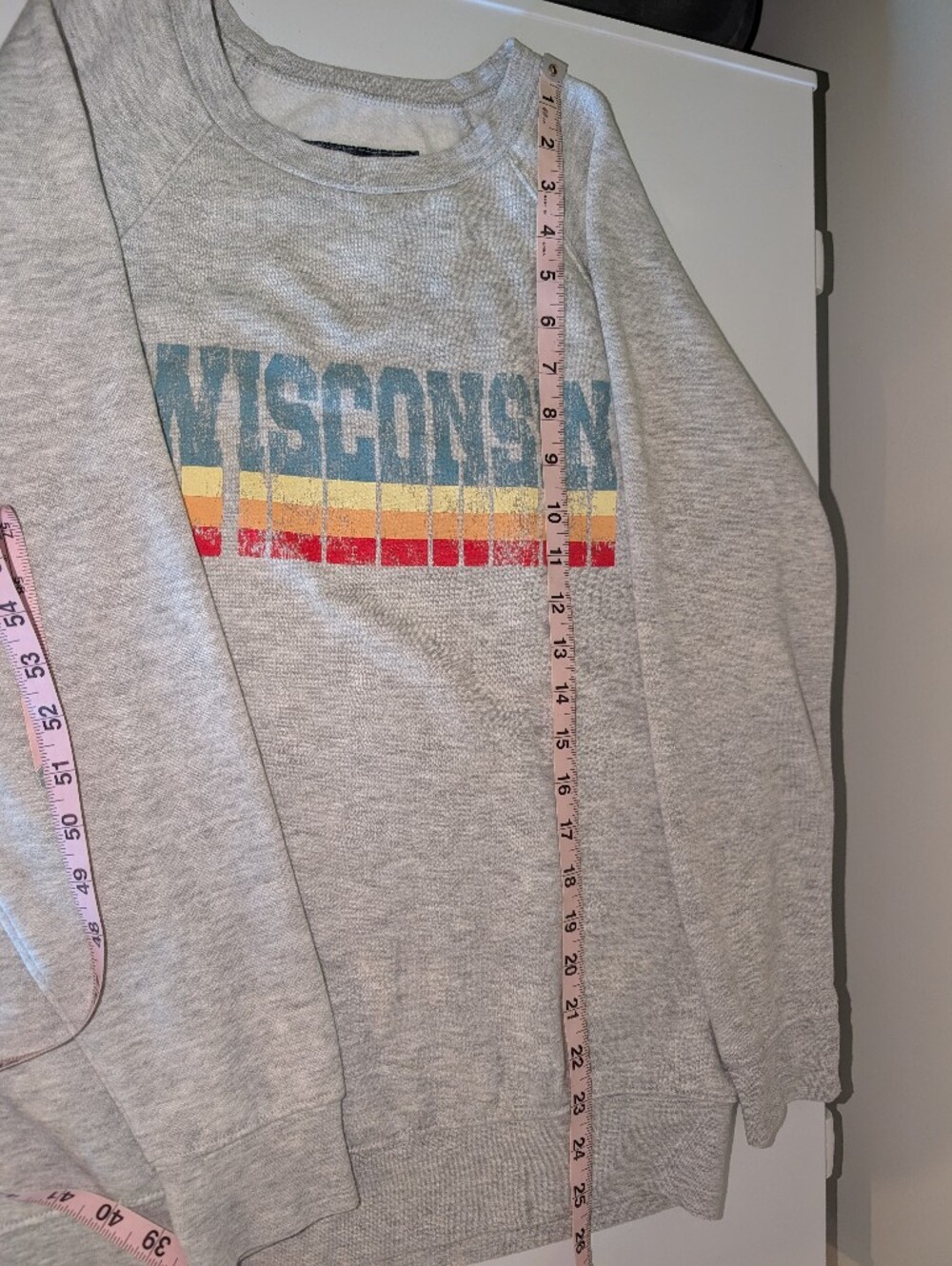 Women's Light Gray Crewneck with Colorful Distressed WISCONSIN Graphic - Picture 10 of 10